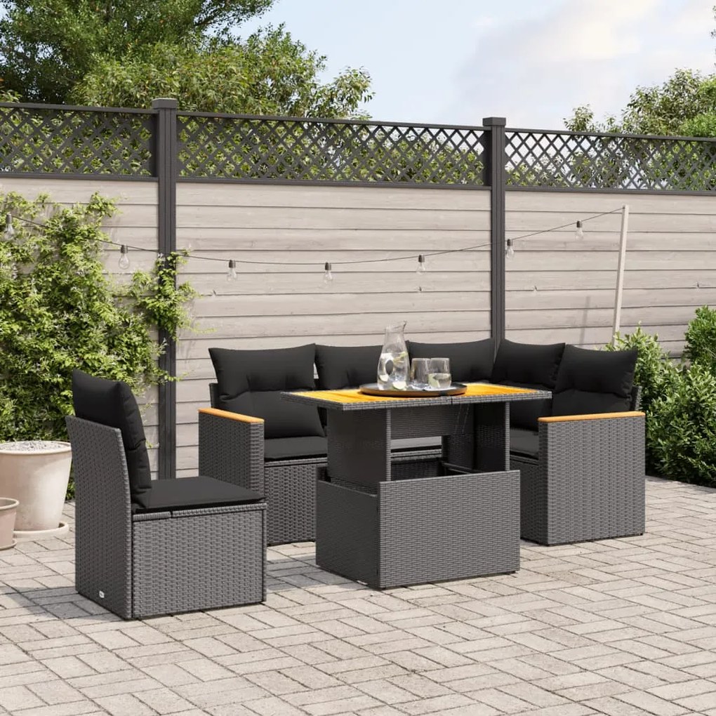 Set divano da giardino 6 pz con cuscini nero in polyrattan