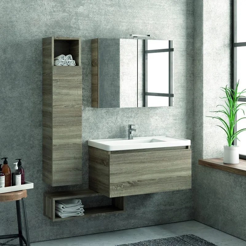 Composizione bagno sospesa 80cm composta da mobile colonna specchio e pensile - KAMALU