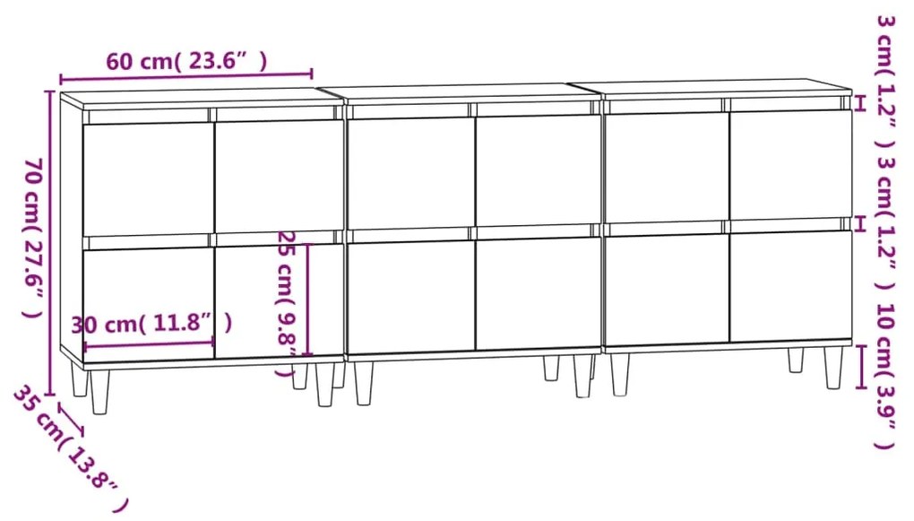 Credenze 3pz Bianche 60x35x70 cm in Legno Multistrato