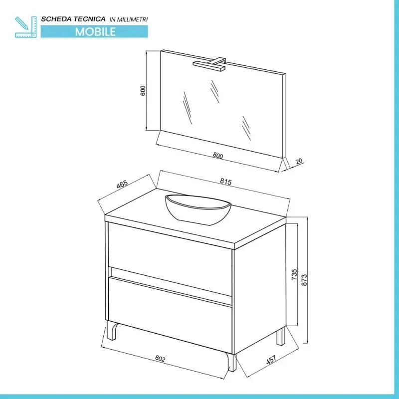 Mobile bagno a terra 80 rovere bianco top cenere con specchio LED Lisbona