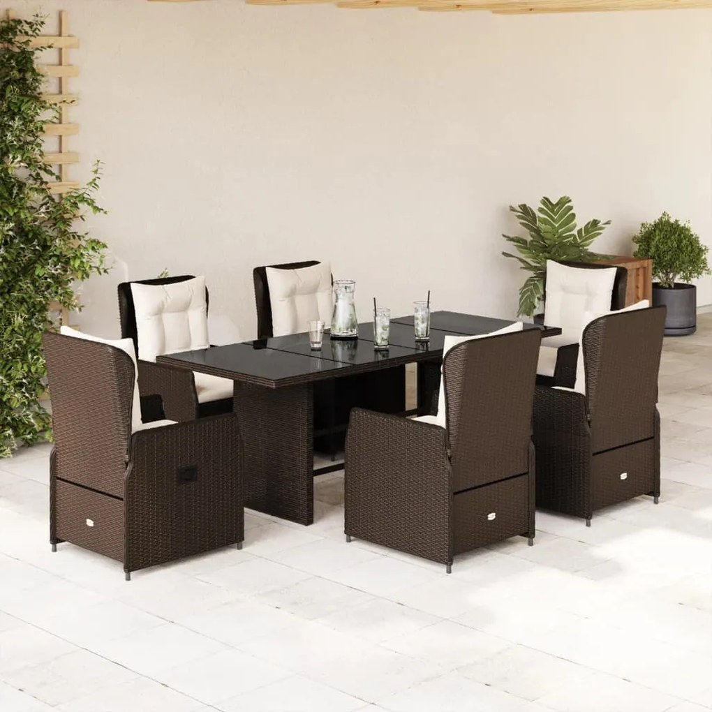 Set da pranzo da giardino 7pz con cuscini in polyrattan marrone