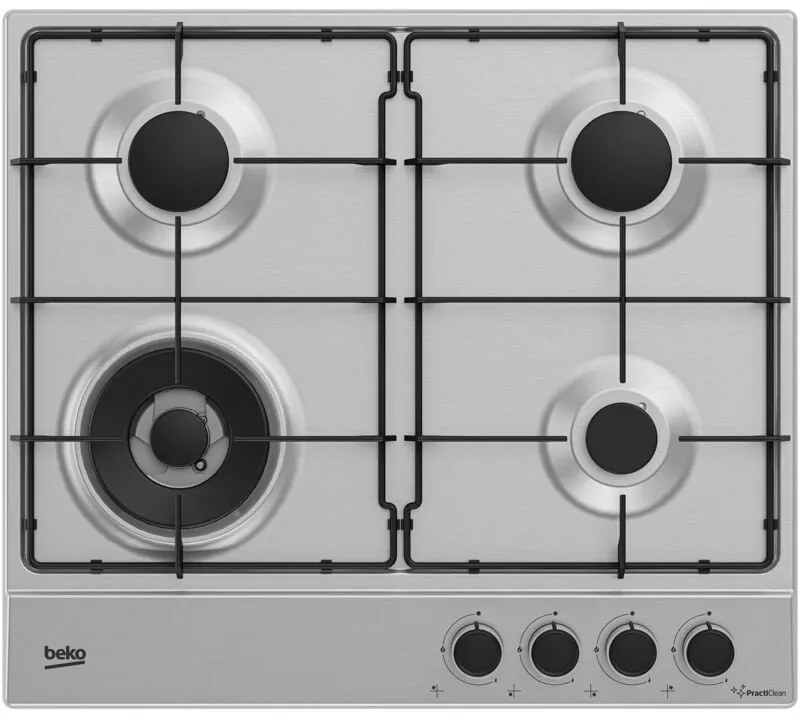 Beko - HIAW64224SXE: Piano a Gas con PractiClean, 3 Bruciatori + 1 Wok, 60 cm. Colore del prodotto: Acciaio inox, Posizionamento dell'apparecchio: Da