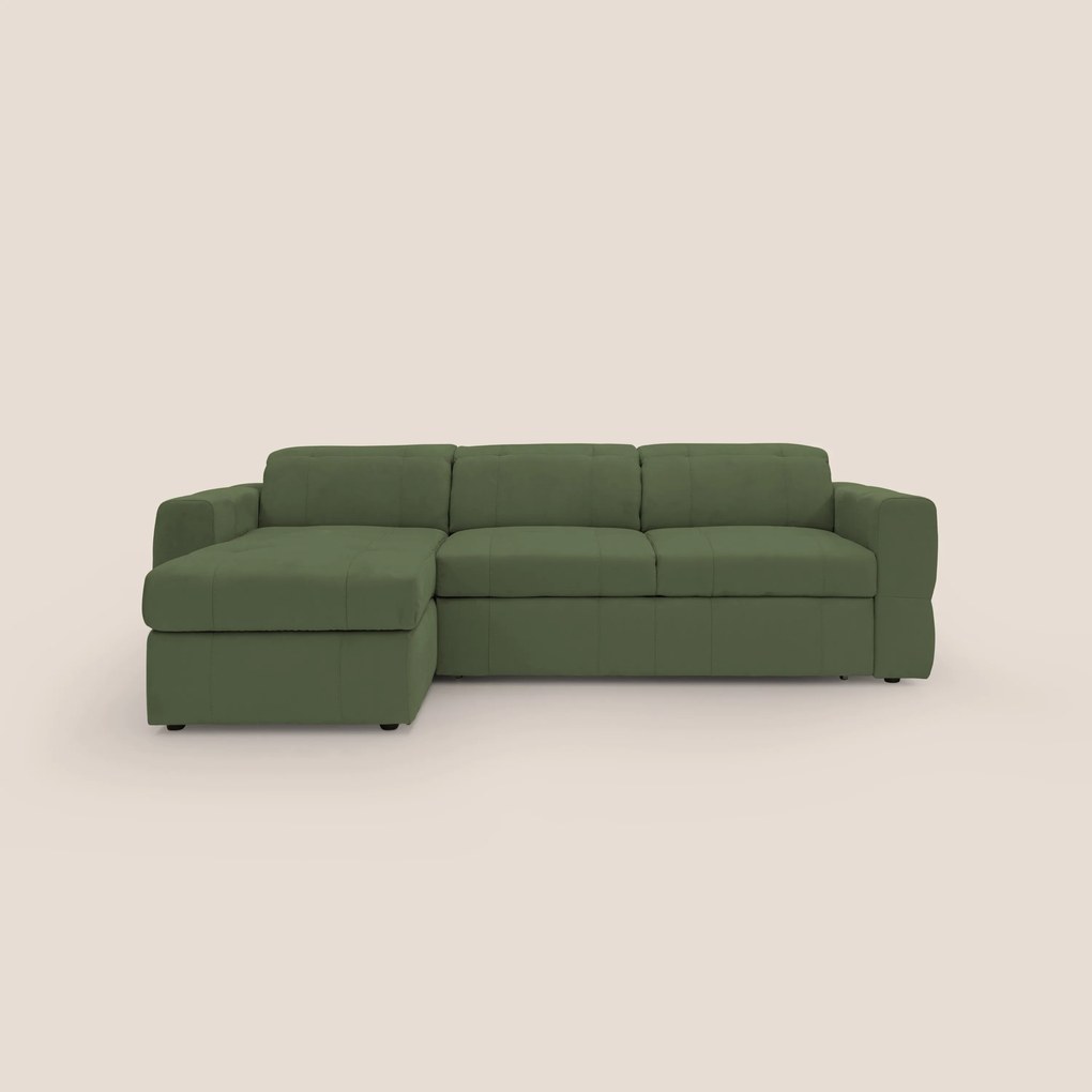 Kronos Divano angolare con pouf estraibile e penisola contenitore in microfibra impermeabile T11 verde