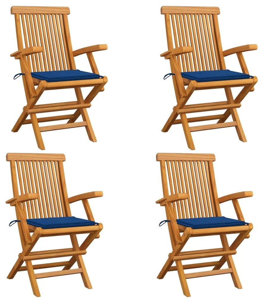 Sedie da giardino con cuscini blu reale 4pz legno massello teak