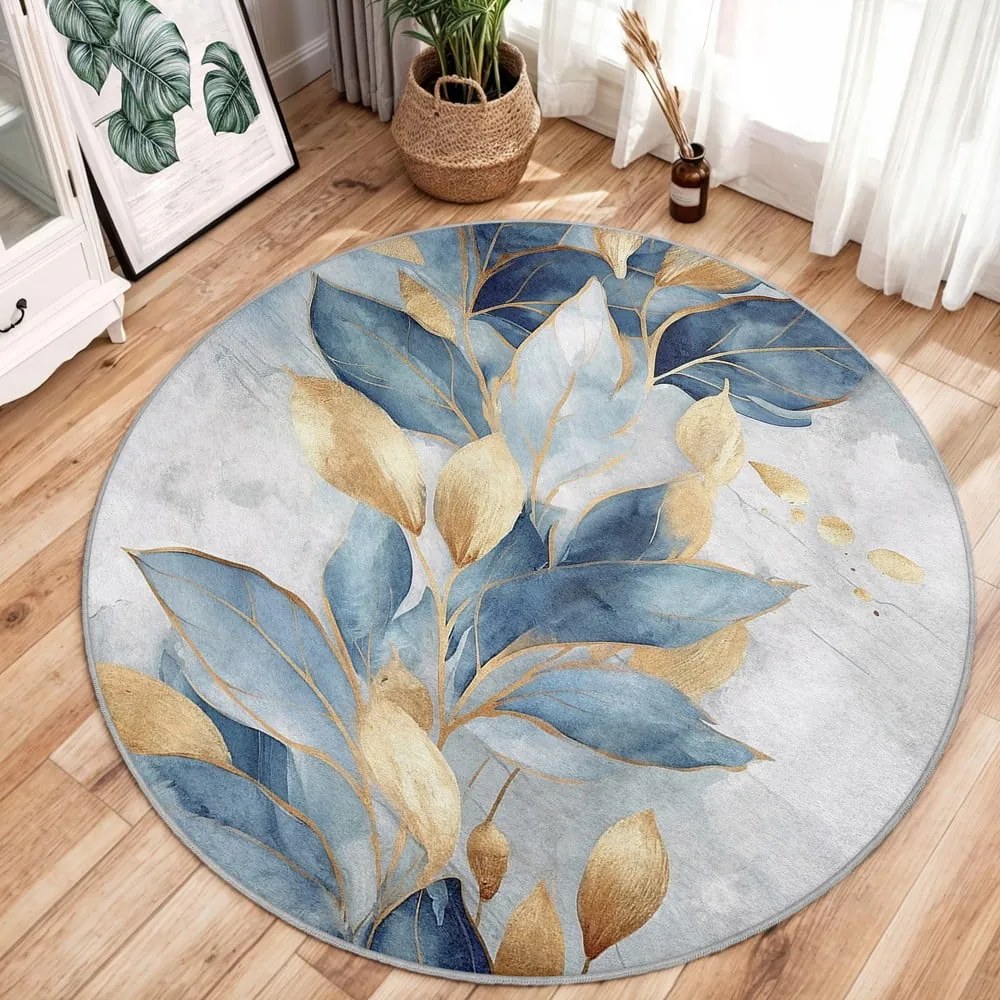 Tappeto rotondo blu/dorato lavabile ø 150 cm Golden Leaves – Mila Home