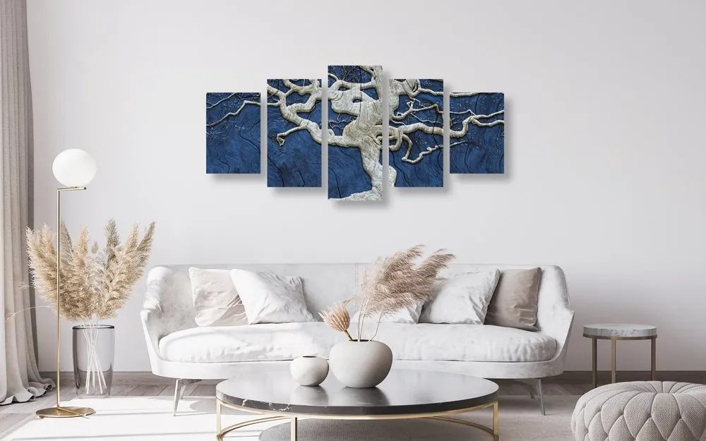 Quadri 5 pezzi – Albero astratto su legno con contrasto blu