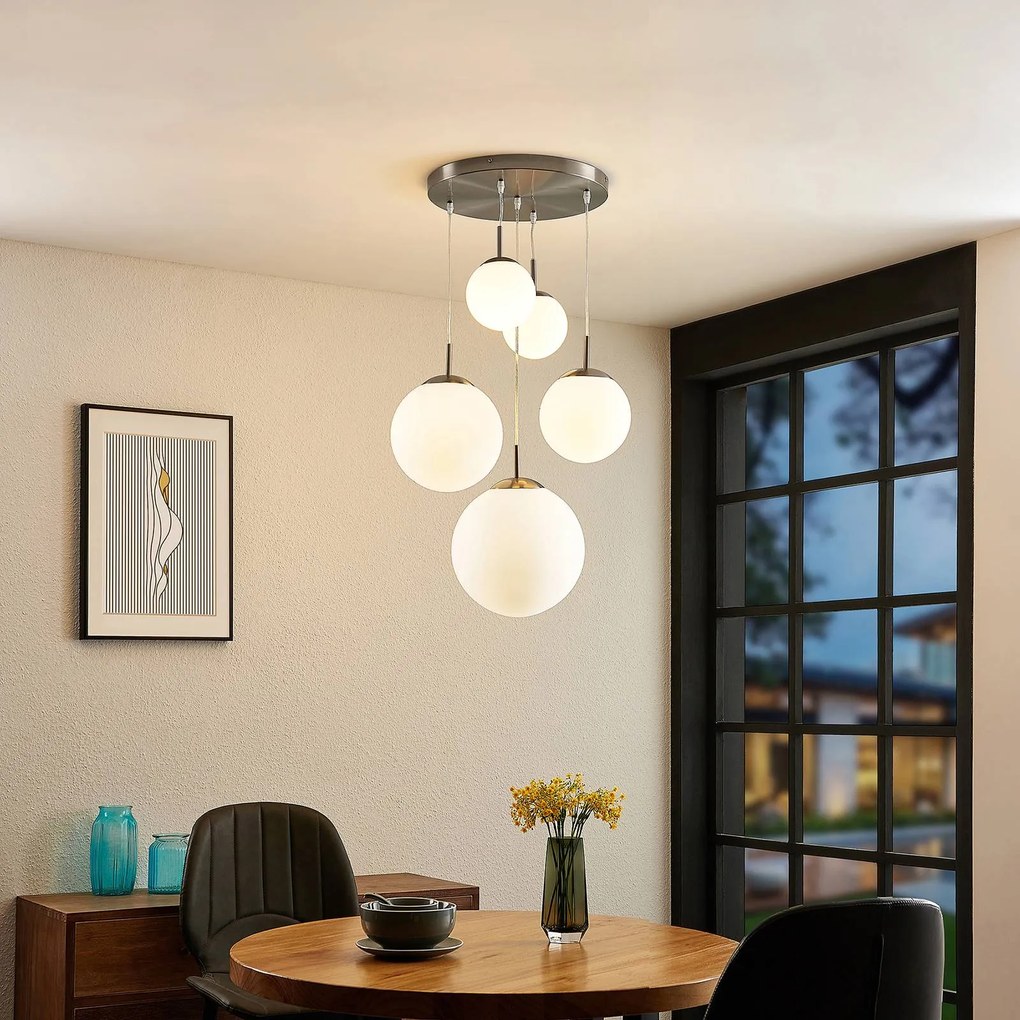 Lampada a sospensione in vetro Heleska Lindby, dimmerabile, Alluminio / Grigio / Zincato, Soggiorno / Sala da pranzo, Metallo, Moderno, Lampada a sospensione