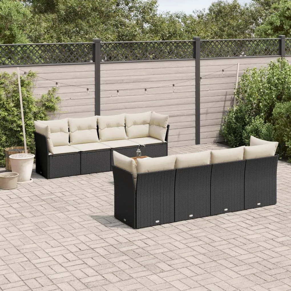 Set divani da giardino 9 pz con cuscini nero in polyrattan