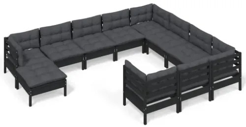 Set Divani da Giardino 11 pz con Cuscini Massello di Pino Nero