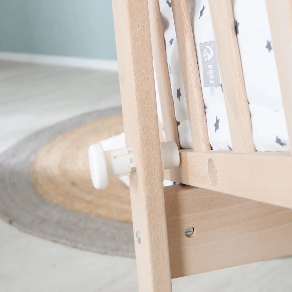 Culla di colore naturale in faggio massiccio con ruote e baldacchino 40x90 cm – Roba