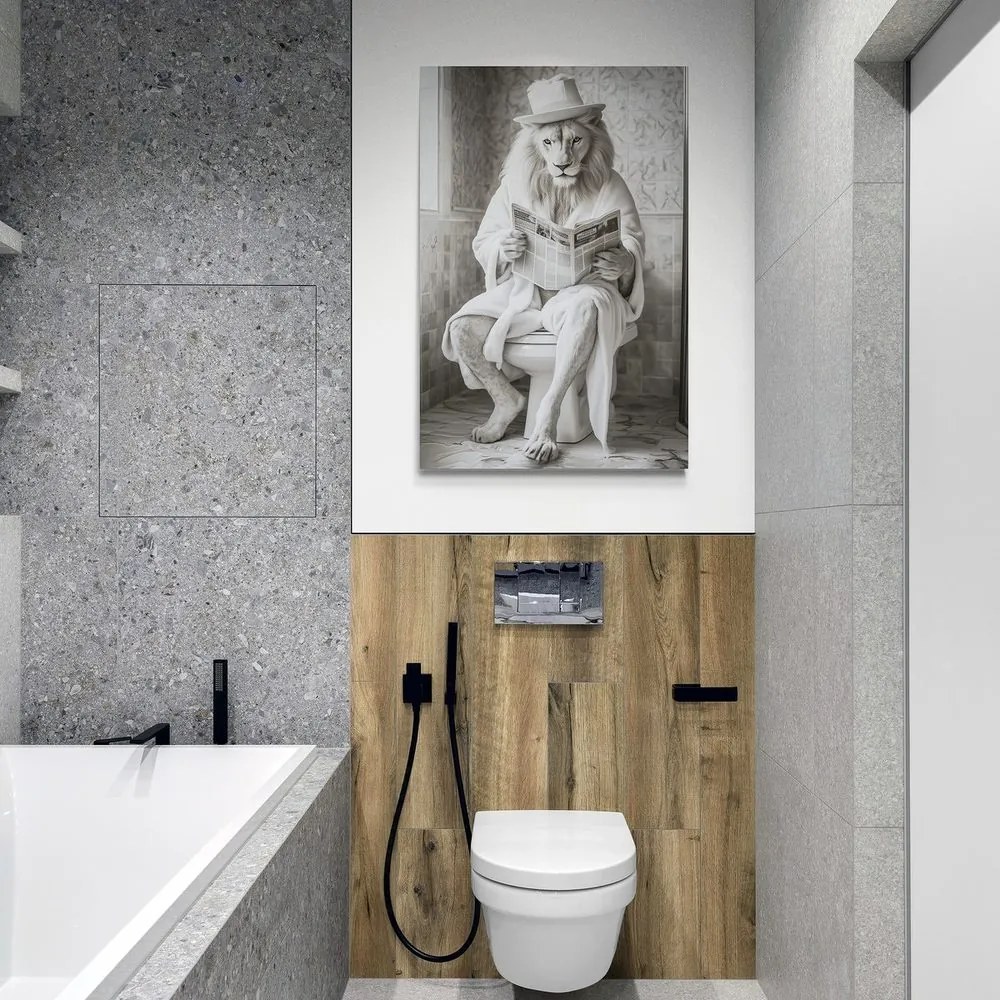 Quadro su tela – Leone bianco con giornali in bagno