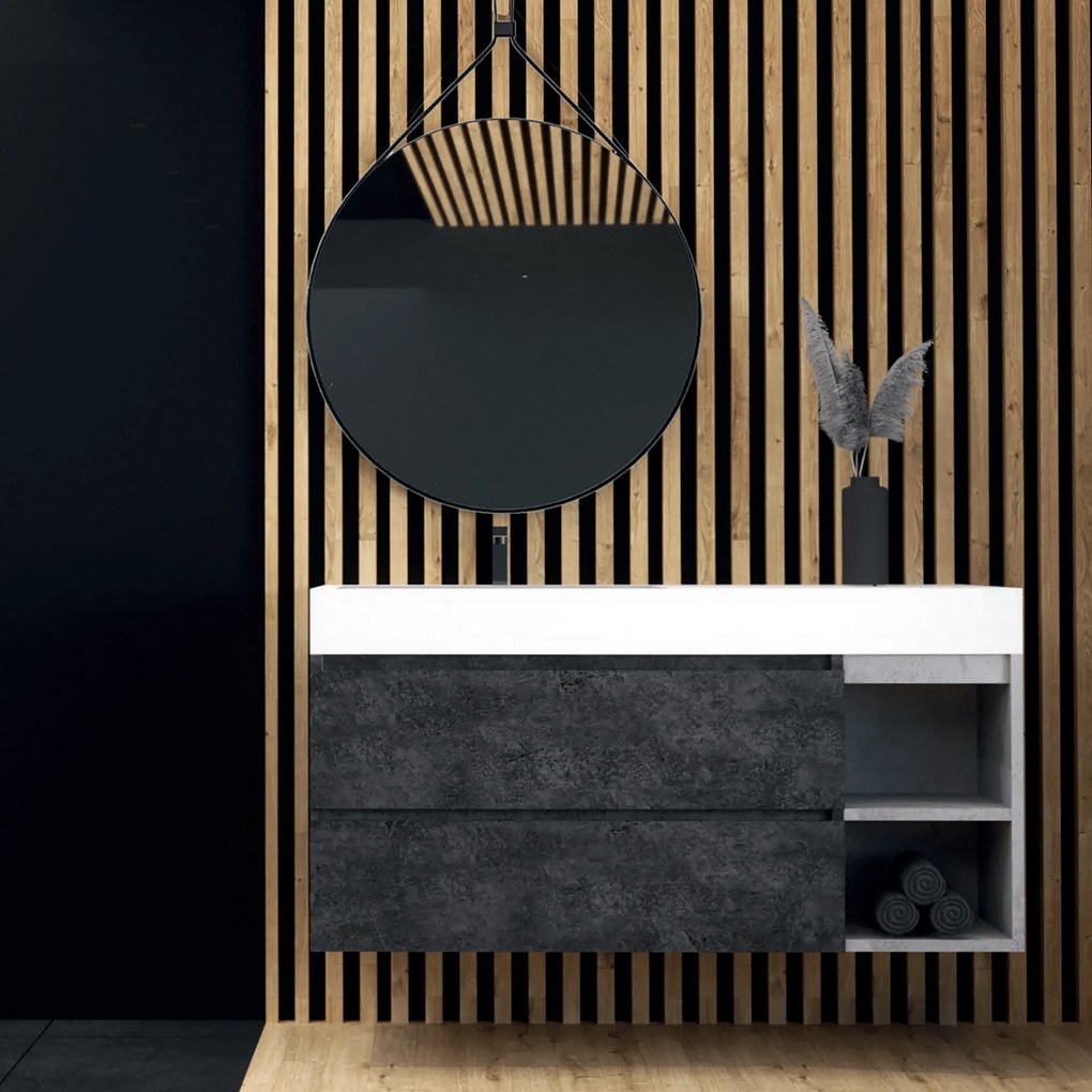 Mobile Bagno Sospeso 120 Cm Due Cassetti Con Vano a Giorno Specchio Tondo Con Cornice Diametro 70 Cm Esseci Arredo Bagno "Elite"