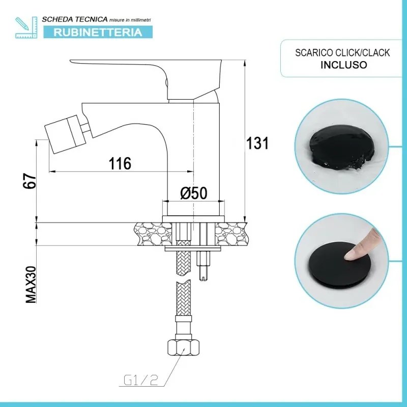 Set miscelatori lavabo e bidet Flat nero opaco con piletta click clack