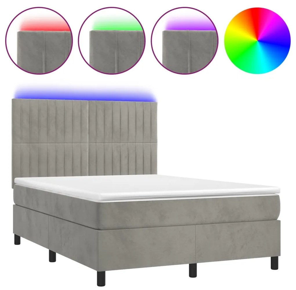 Letto a molle materasso e led grigio chiaro 140x190 cm velluto