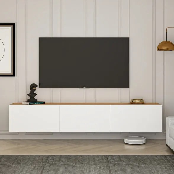Mobile TV Sospeso 150 Cm 3 Ante A Ribalta West Bianco Con Top Legno