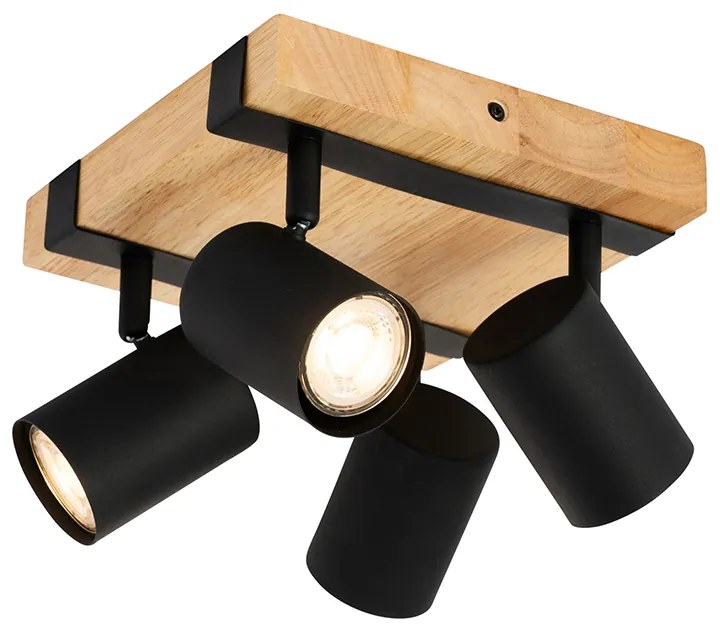 Faretto da soffitto smart nero con legno 4 luci regolabili Incl. Wifi GU10 50mm - Jeana