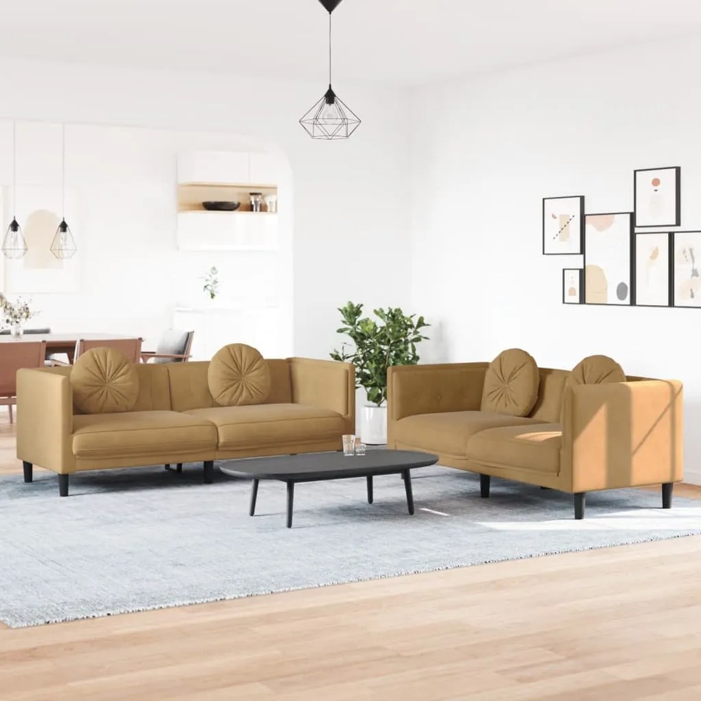 Set Di Divani 2 Pz Con Cuscini Marrone İn Velluto /
