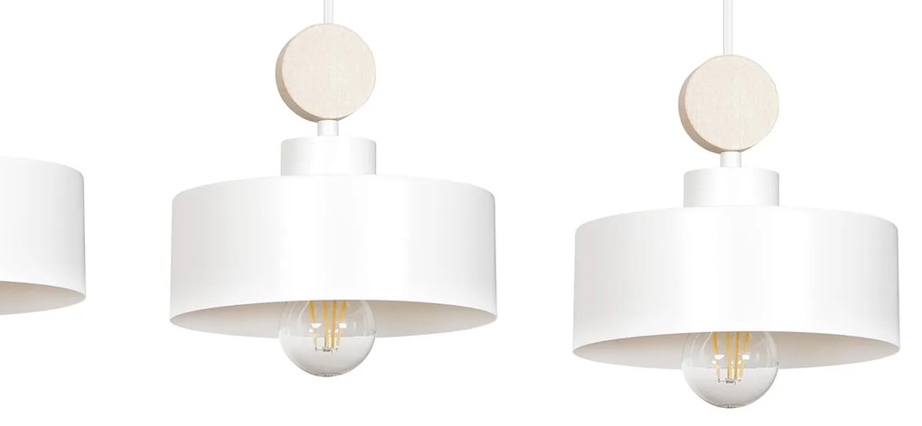 Lampadario 3 Luci Zhurong In Acciaio Bianco E Paralumi Con Legno Naturale