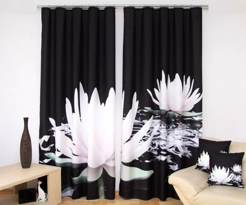 Bellissima tenda nera 3D con ninfee bianche Larghezza: 160 cm | Lunghezza: 250 cm (ci sono 2 pezzi nel set)