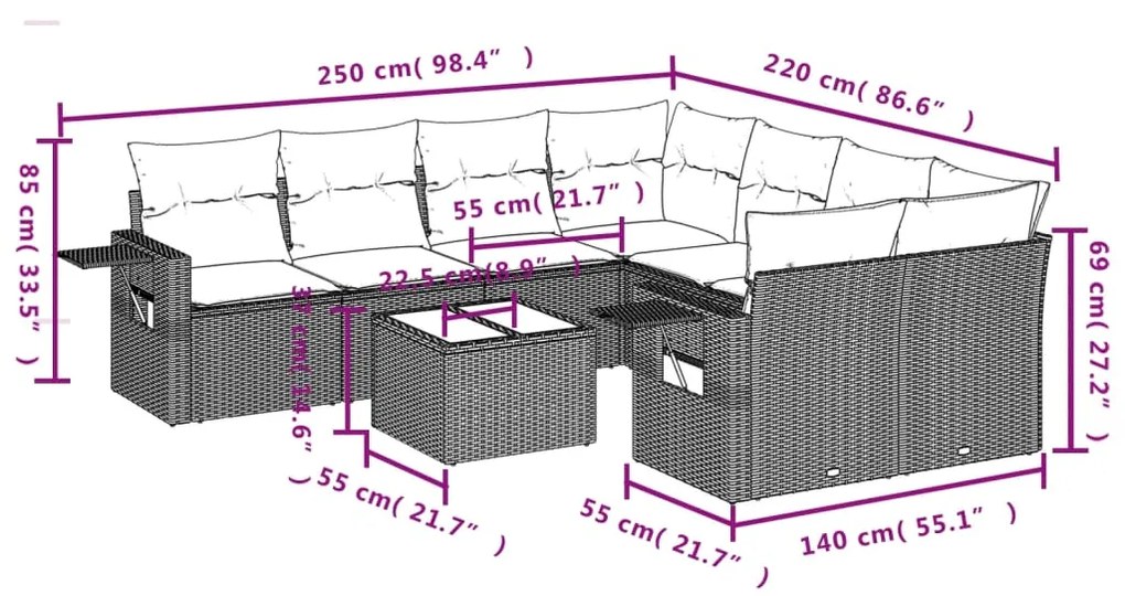 Set divano da giardino 9 pz con cuscini beige in polyrattan