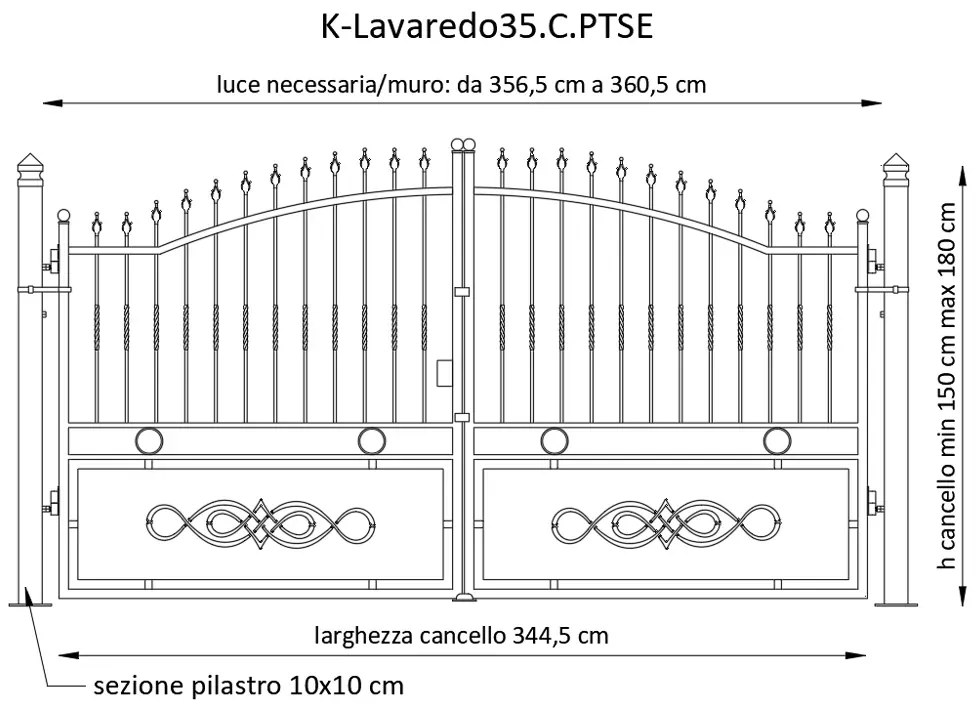 Cancello manuale con serratura elettrica Lavaredo in ferro, apertura centrale, L 358.5, H 165-195 cm, di colore ruggine