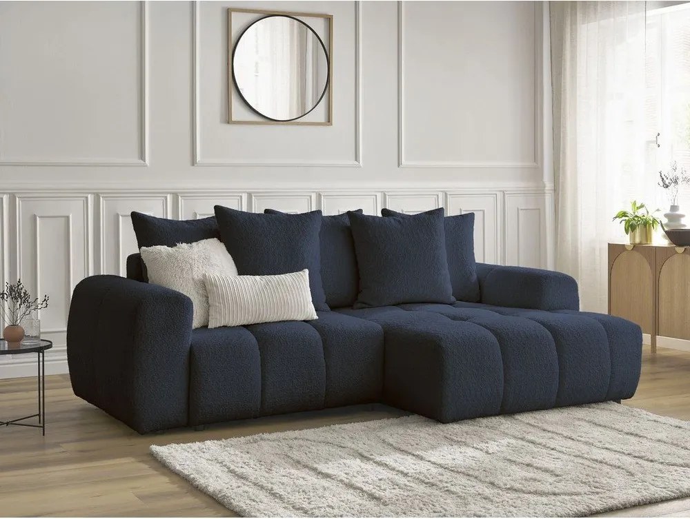 Divano angolare blu allungabile/con contenitore (con penisola a destra/con chaise lounge) con rivestimento in bouclé Roxelane – Bobochic Paris