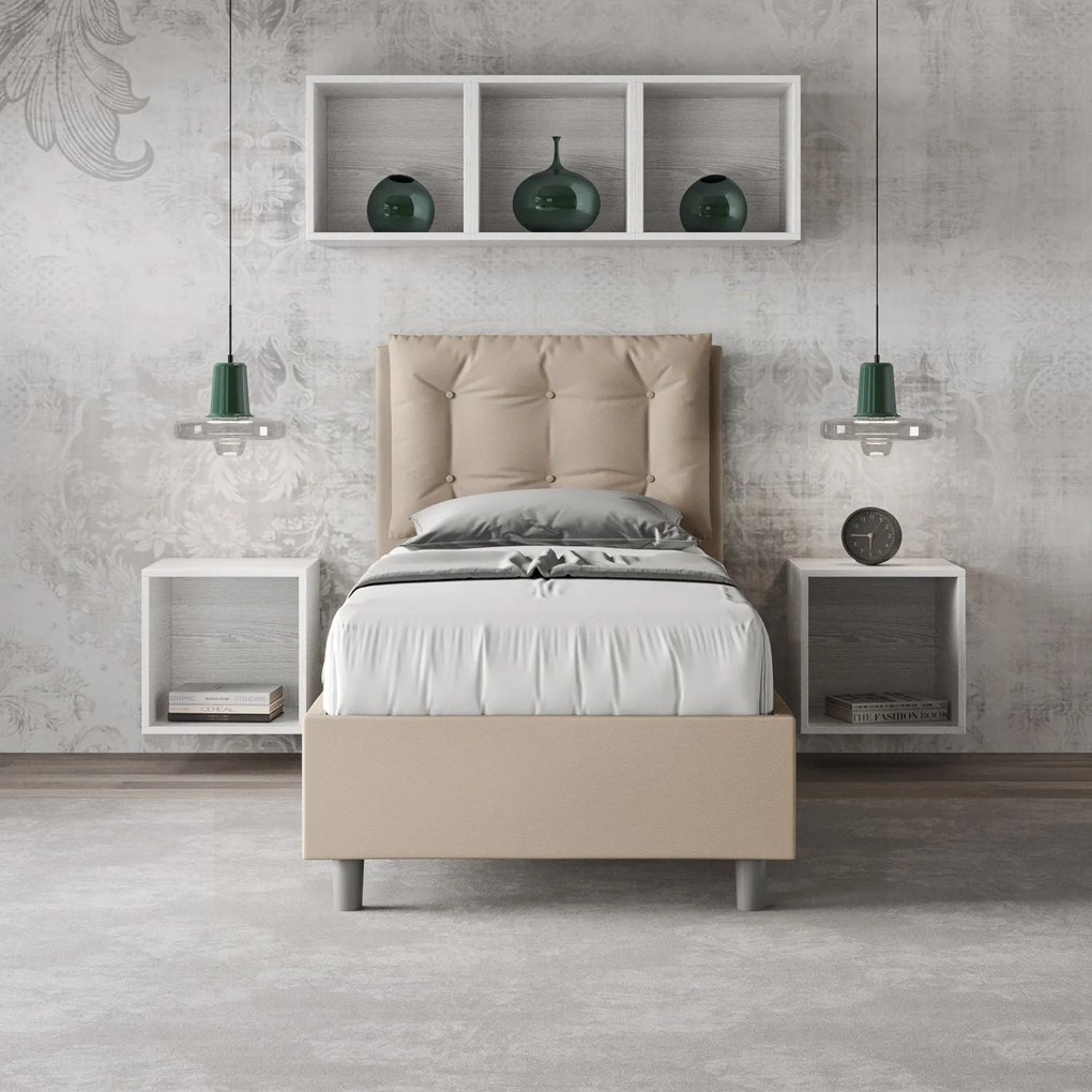 Letto singolo imbottito similpelle Annalisa senza rete, con rete, contenitore, Tortora / Con Rete