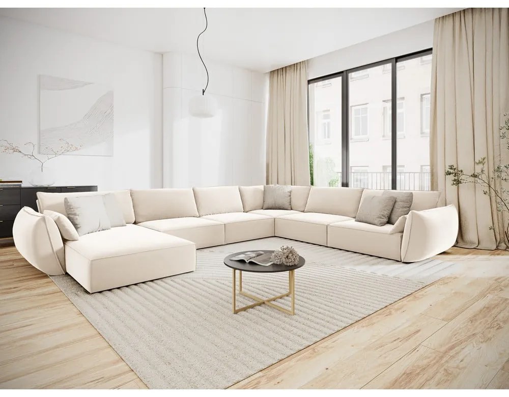 Divano angolare beige (con penisola a destra/a U) con rivestimento in velluto Vanda – Mazzini Sofas