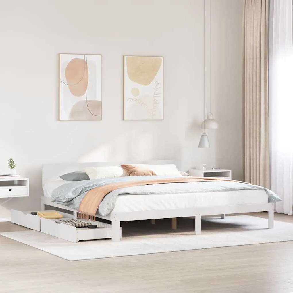 Giroletto Con Cassetti Bianco 200x200 Cm Legno Massello Di Pino /