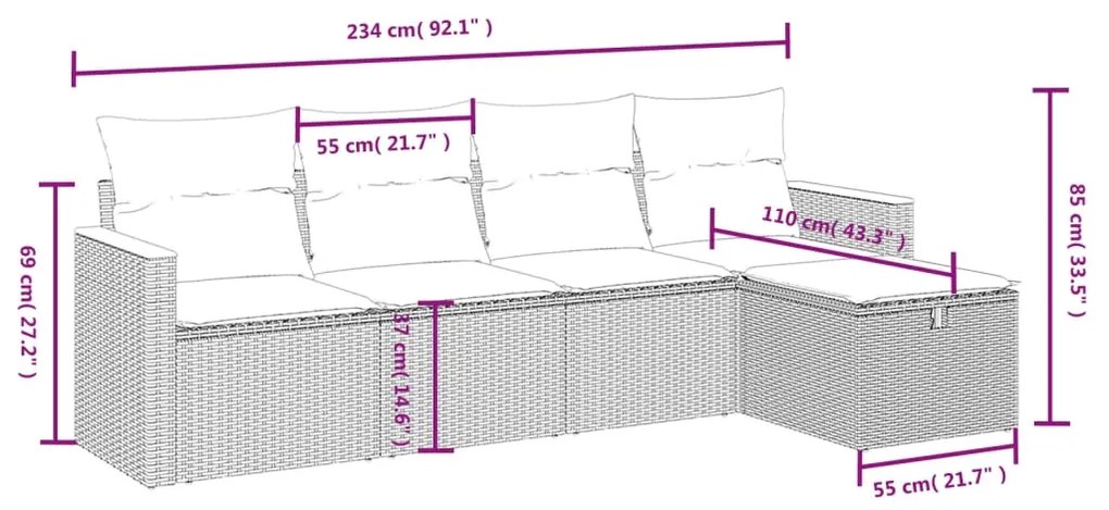 Set divano da giardino 5 pz con cuscini beige misto polyrattan