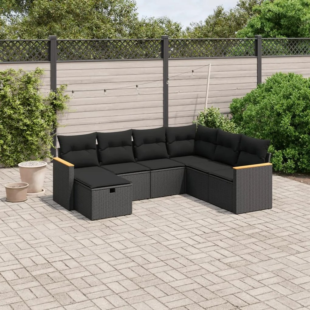 Set divani da giardino con cuscini 7pz nero polyrattan