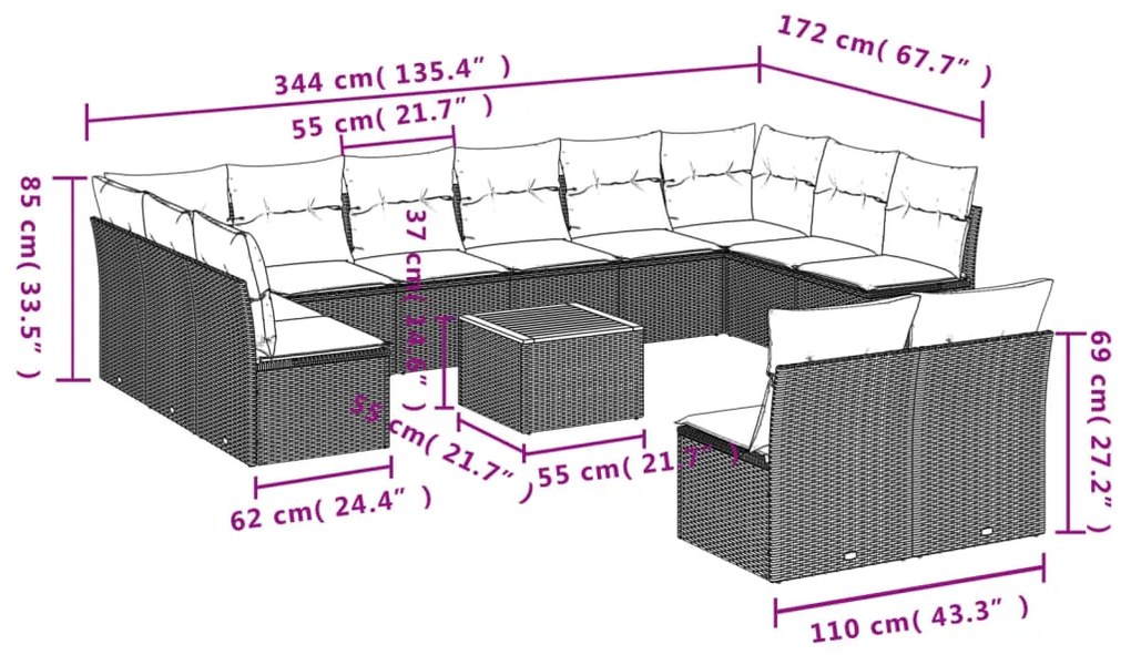 Set divani da giardino 13pz con cuscini nero in polyrattan