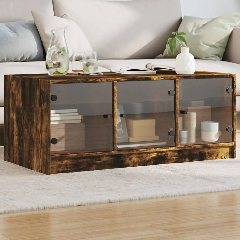 Tavolino Da Salotto Con Ante İn Vetro Rovere Fumo 102x50x42 Cm /