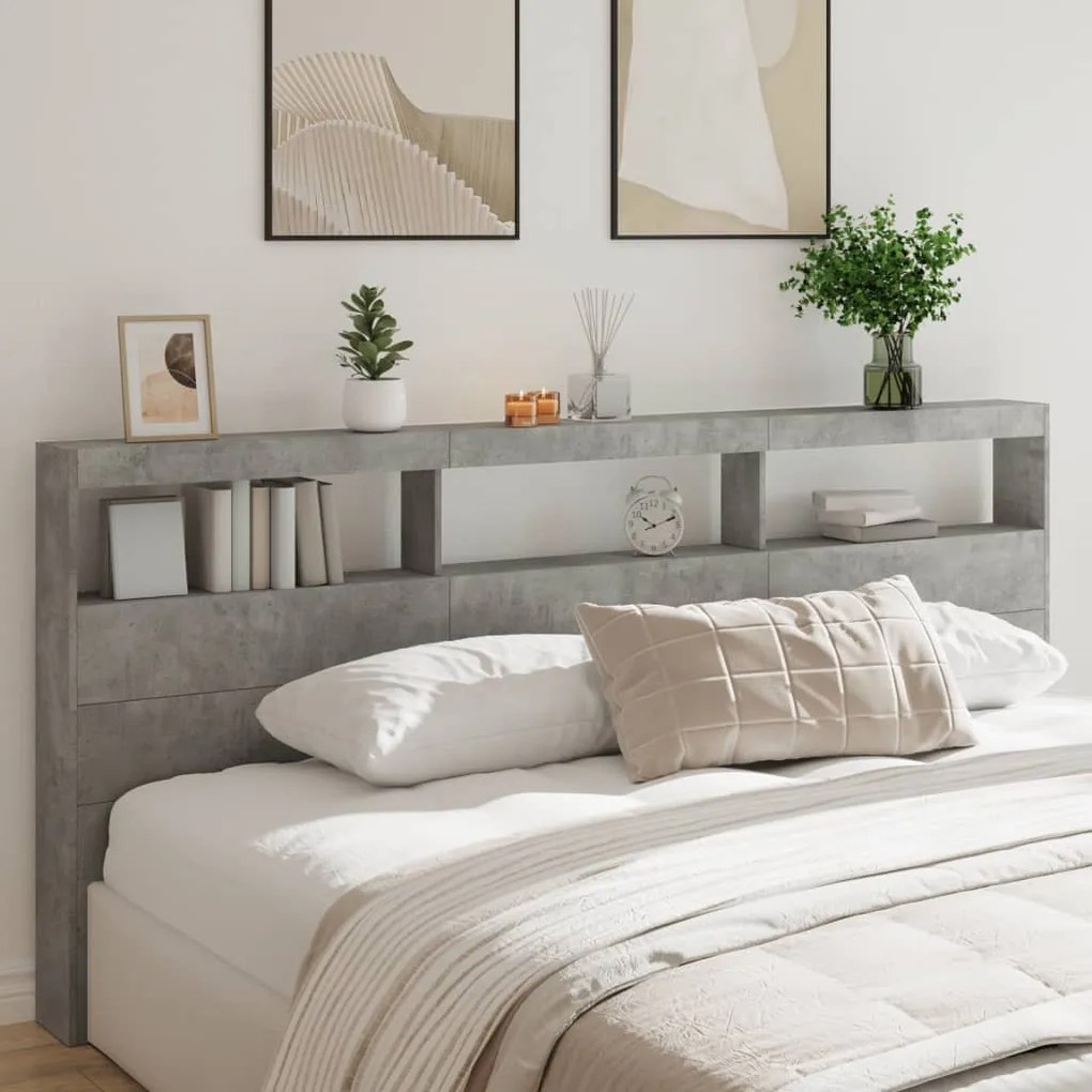 Testiera Con Contenitore A Led Grigio Cemento 220x17x102 Cm /