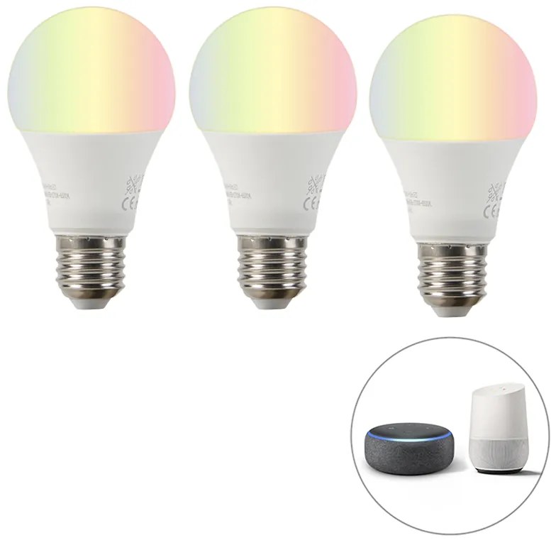 Set intelligente di 3 lampadine LED RGBW E27 A60 9W 800lm 2200-4000K