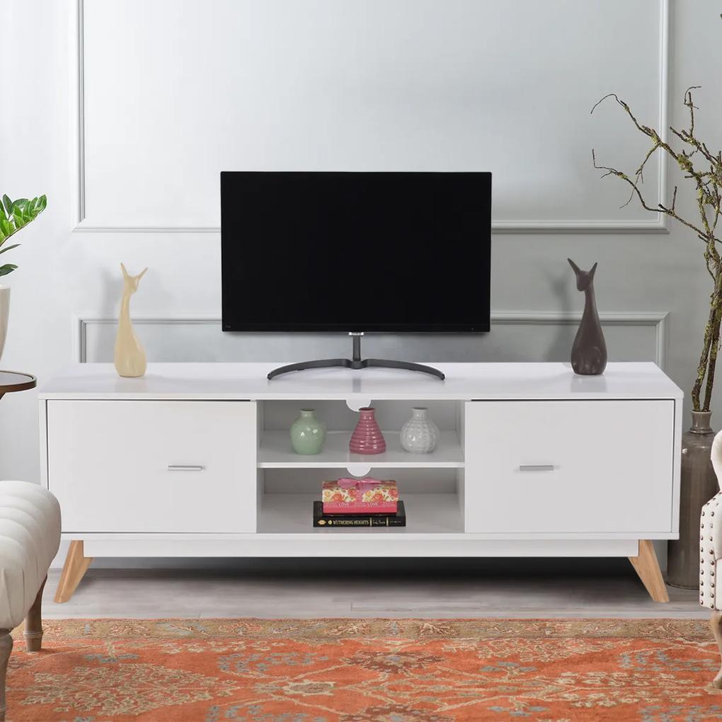 Costway Tavolo consolle TV moderno con ripiani e piedi in legno, Mobile da salotto con 2 scomparti e 2 ante Bianco