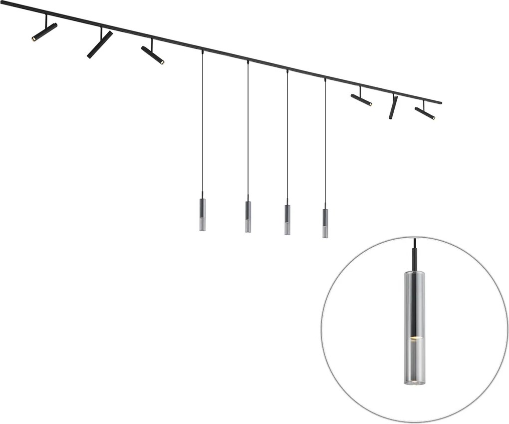 Sistema di illuminazione a binario moderno nero con 6 faretti e 4 luci a sospensione nere monofase - Slimline Avery Loyce
