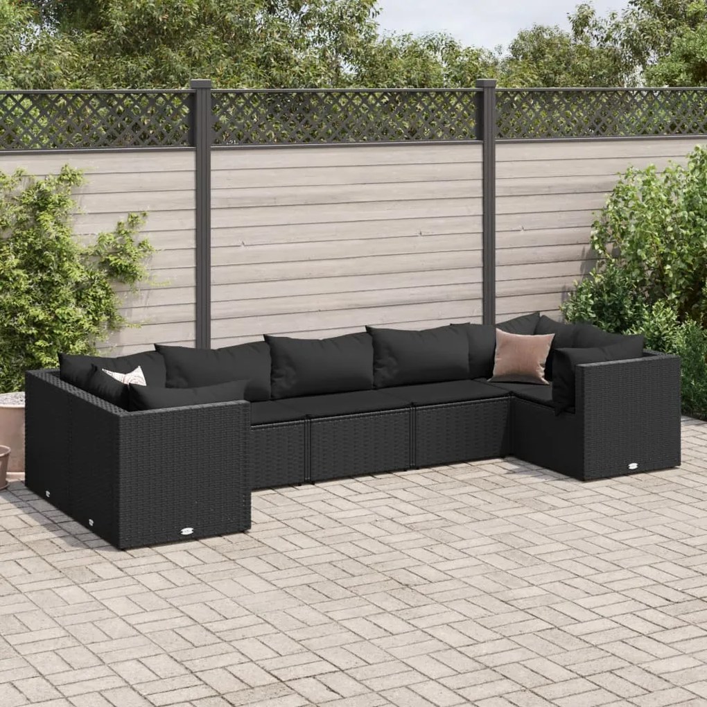 Set salotto da giardino con cuscini 7pz nero polyrattan