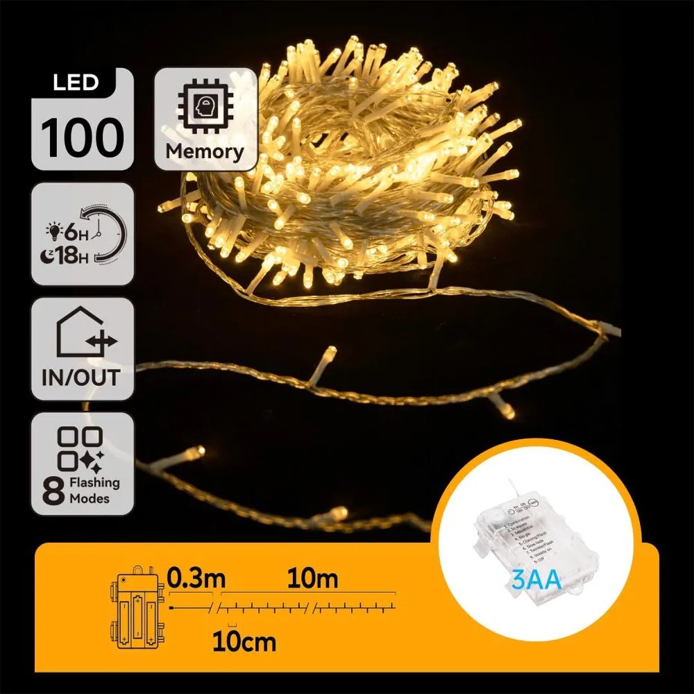 Aigostar -LED Catena luminosa da esterno 100xLED/8 funzioni 3xAA 10,3m IP44 bianco caldo
