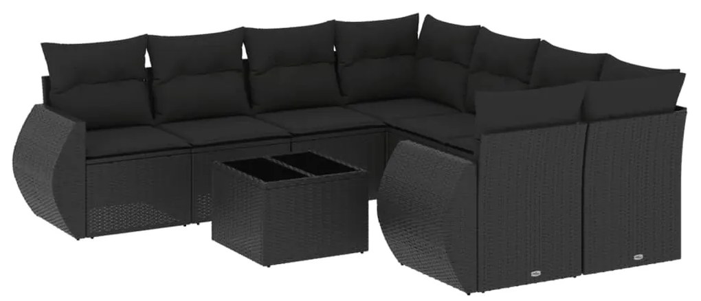 Set divani da giardino 9 pz con cuscini nero in polyrattan