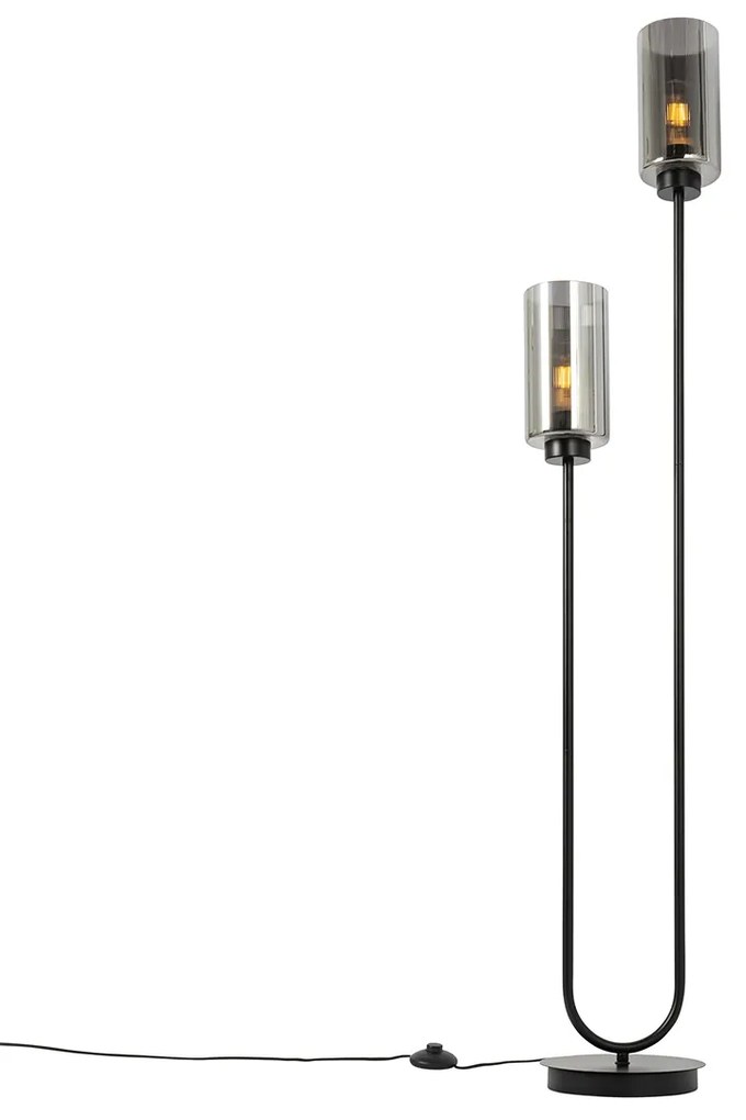 Lampada da terra Art Déco nera con vetro fumé 2 luci - Laura