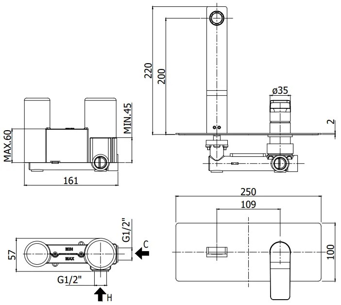 Paffoni Tilt Ti105no Miscelatore lavabo Incasso 2 Fori Piastra Rettangolare E Bocca 20 cm Nero Opaco