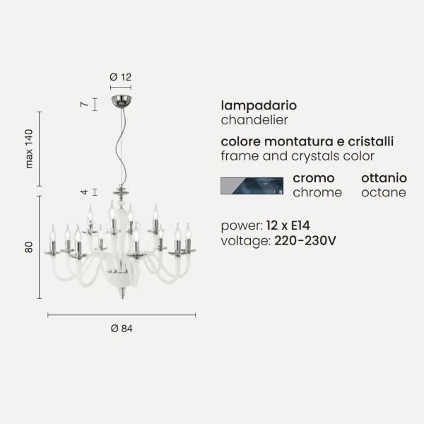 Lampada a sospensione DEBUSSY in vetro lavorato a mano Ottanio 12 LUCI