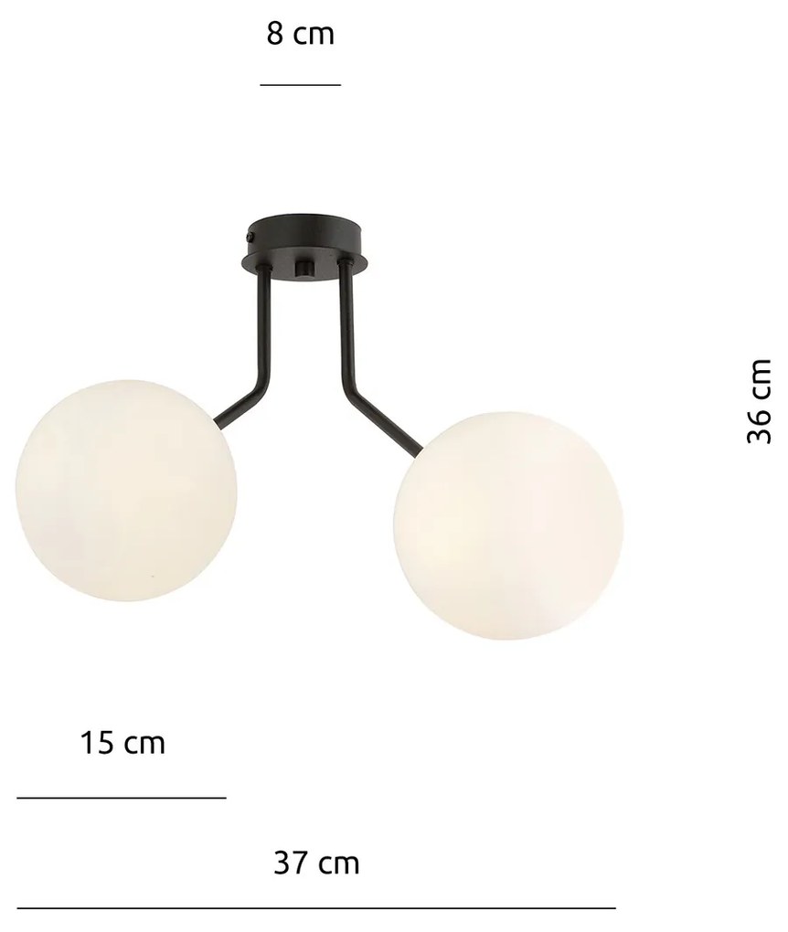 Plafoniera Moderna 2 Luci Orione In Acciaio Nero E Sfere Vetro Opale