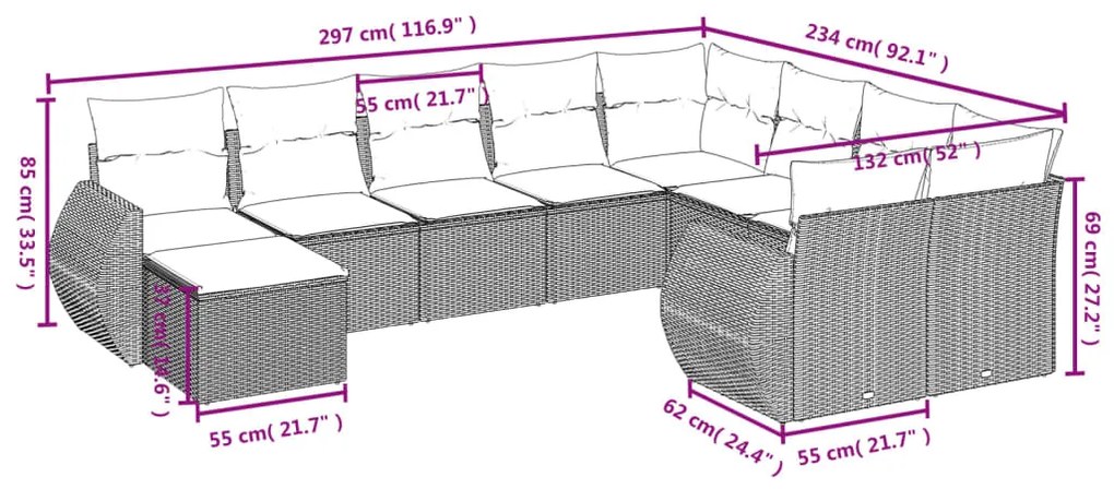 Set Divani da Giardino 10pz con Cuscini in Polyrattan Nero