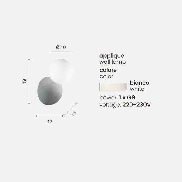 Applique ROCK 12 cm in cemento Bianco e vetro soffiato satinato