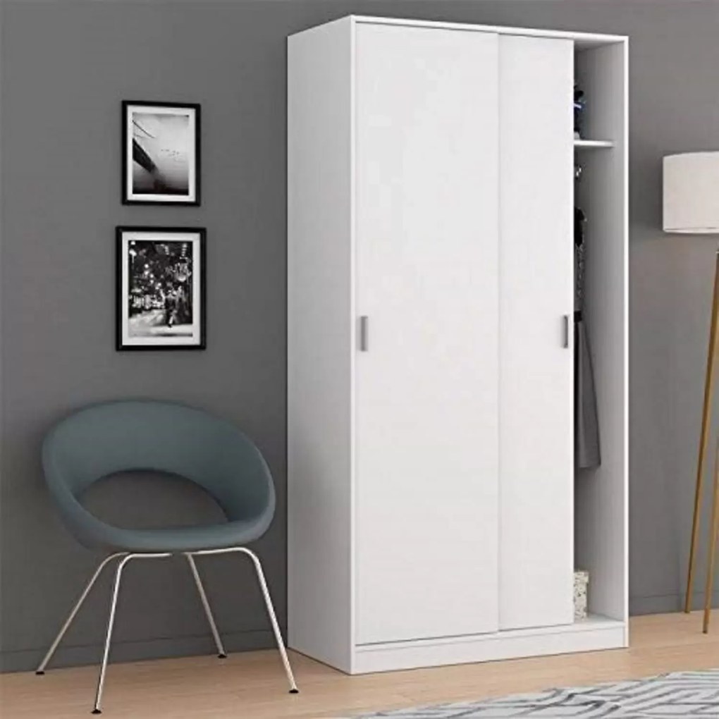 Armadio Guardaroba Vestiti 2 Ante Scorrevoli 1 Ripiano 1 Appendiabiti Salvaspazio Martos  Con Maniglie In Metallo  Ideale Per Arredare Camera Da Letto Stanza Arredo 100 x 200 x 50 Cm Colore Bianco