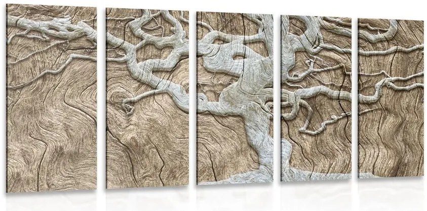 Quadri 5 pezzi – Albero astratto su legno in tonalità beige
