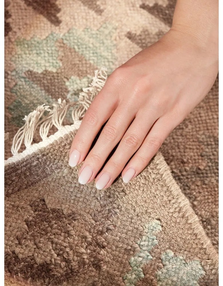 Passatoia azzurra/beige in lana reversibile/tessuta a mano 60x190 cm Kamal Dune – Nouristan