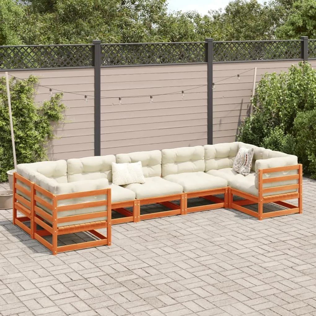 Set divani giardino 7 pz con cuscini marrone cera massello pino
